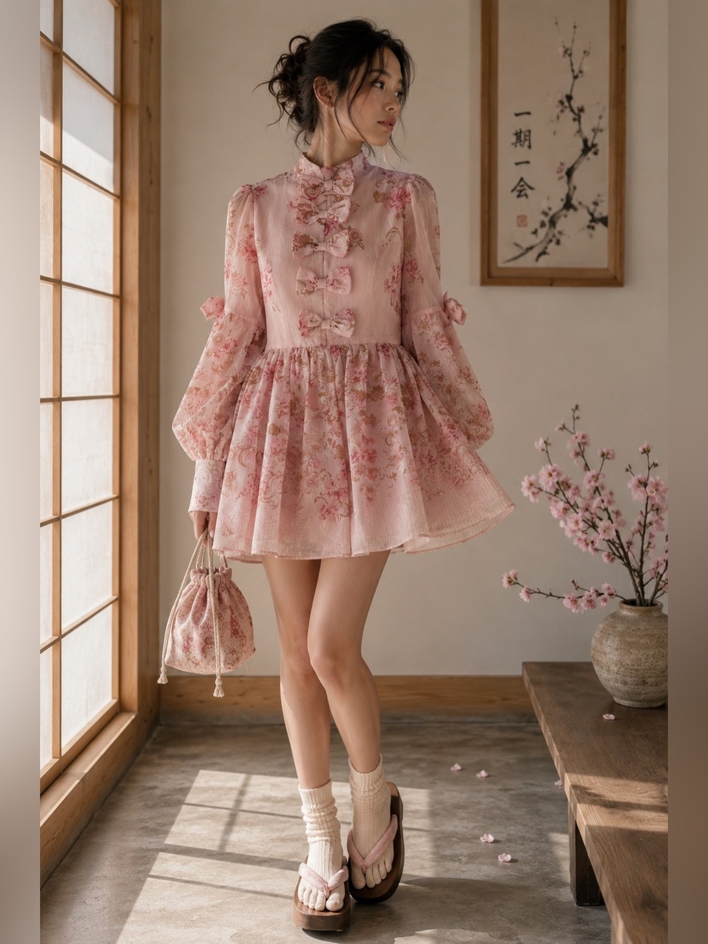 INA Pink Floral Bow Front Sheer Mini Dress Balloon Sleeve Romantic Cottagecore L